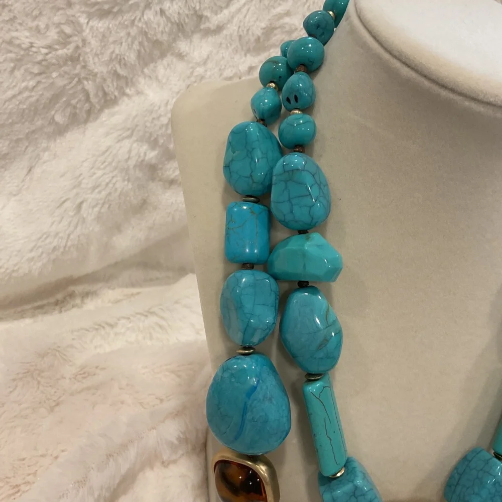 Chico’s Double Strand Turquoise, Brown and Gold Tone Necklace - Picture 4 of 5